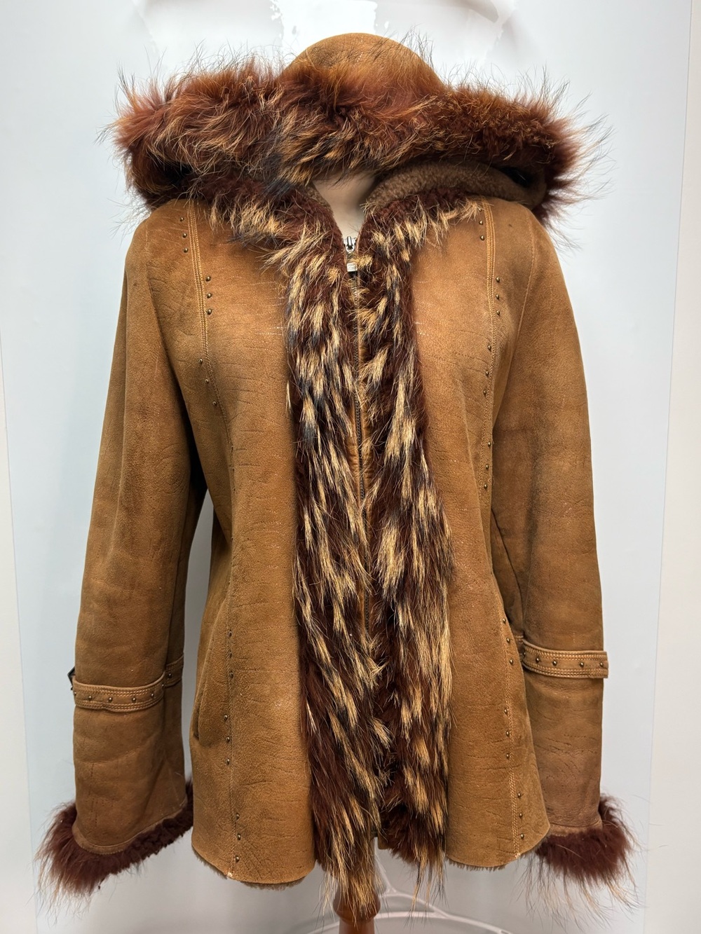 Vintage Diamond Leather Penny Lane Afghan Shearling Coat Hooded Boho Camel M